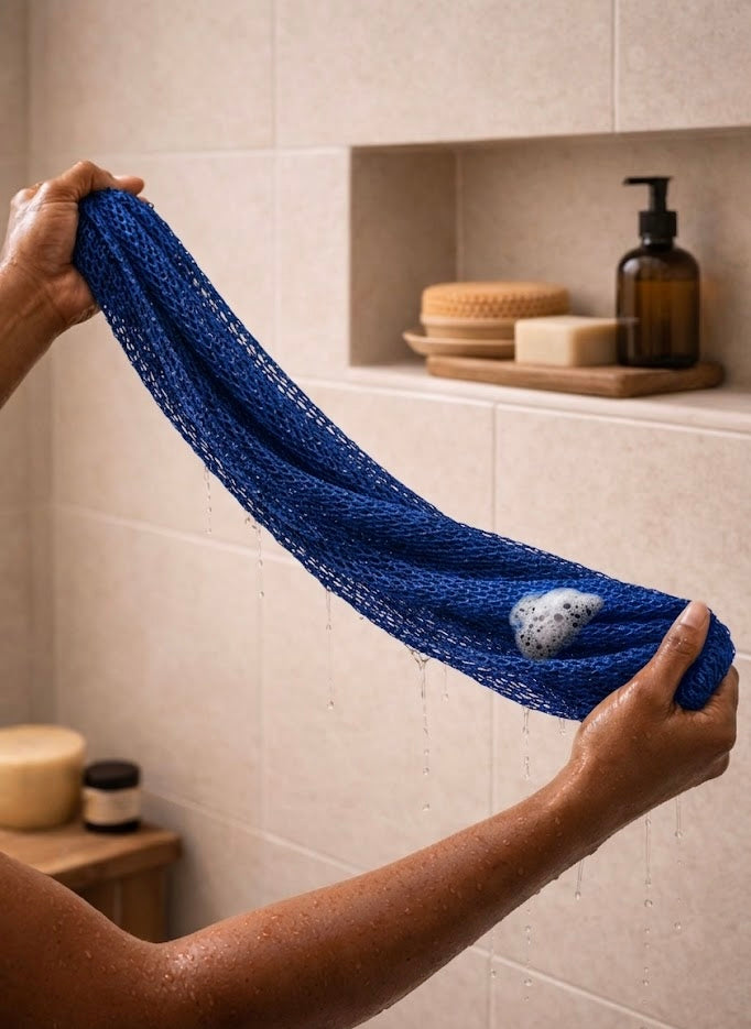 Authentic Blue African net sponge for gentle exfoliation, handmade in Ghana