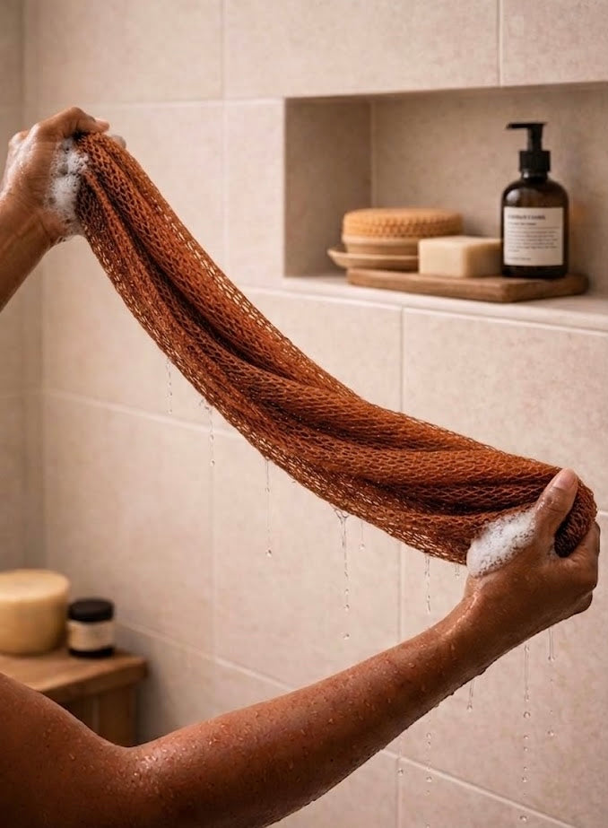 Authentic African net sponge for gentle exfoliation, handmade in Ghana
