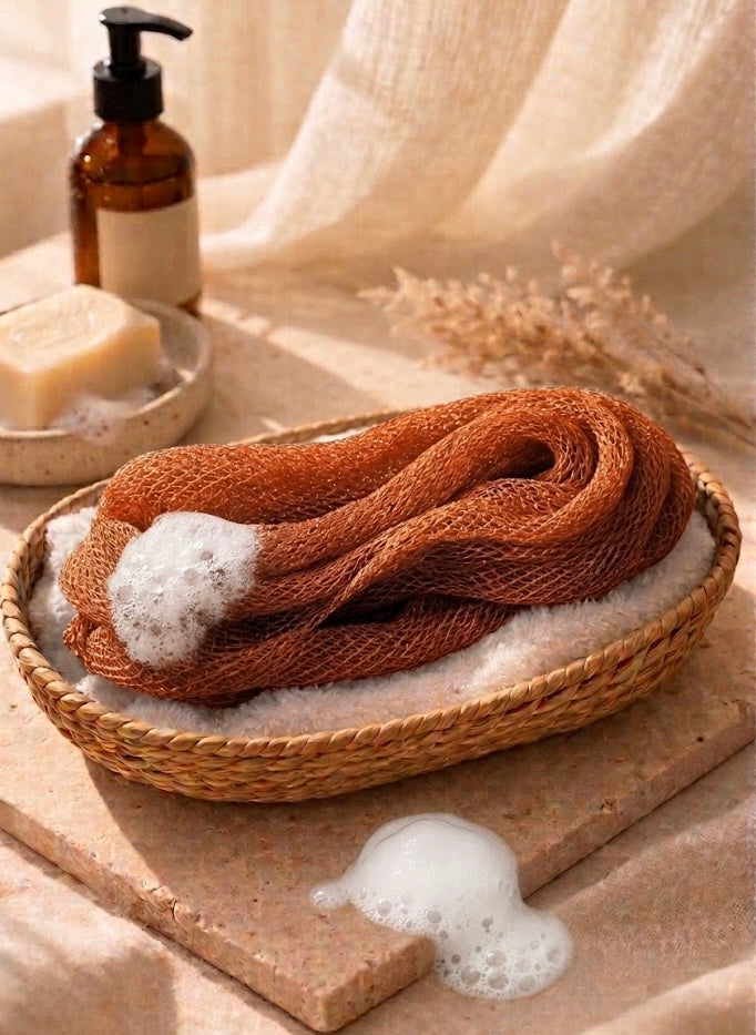 Authentic African net sponge for gentle exfoliation, handmade in Ghana