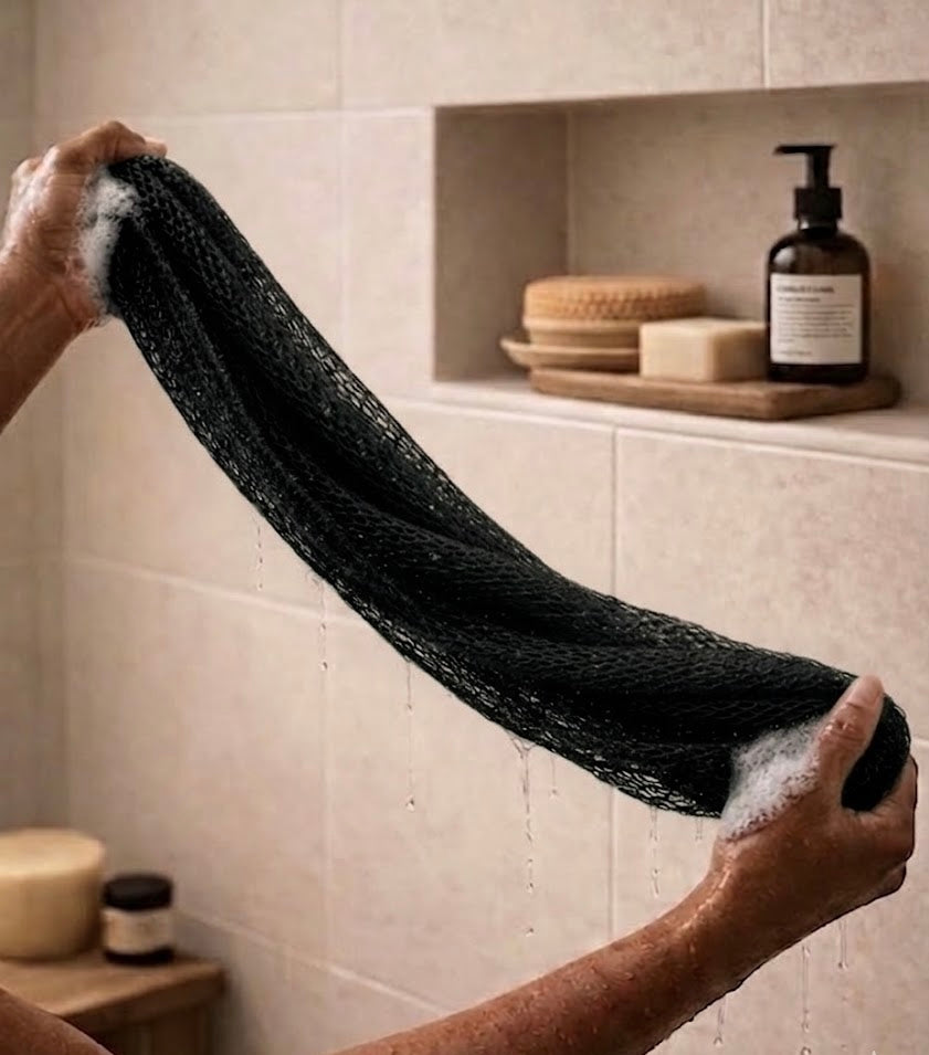 Authentic African net sponge for gentle exfoliation, handmade in Ghana