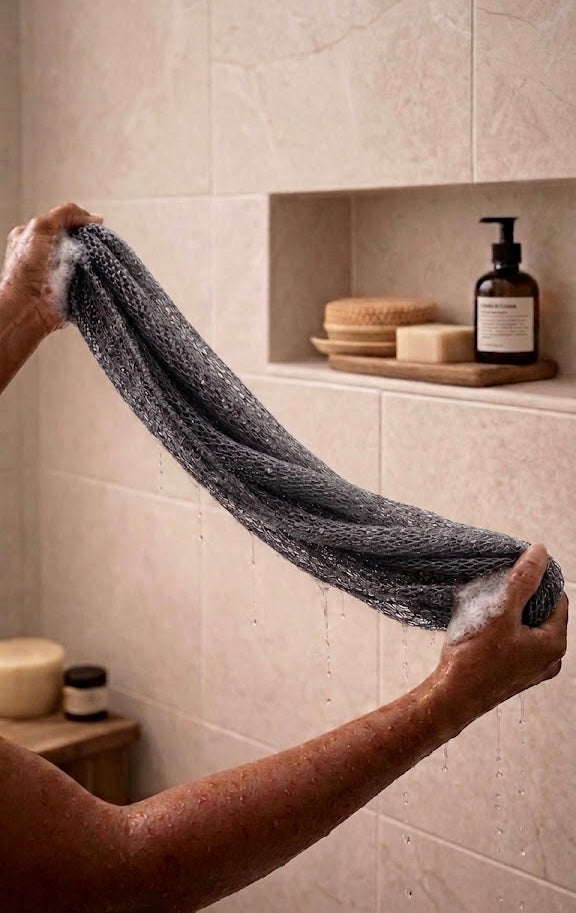 Authentic African net sponge for gentle exfoliation, handmade in Ghana