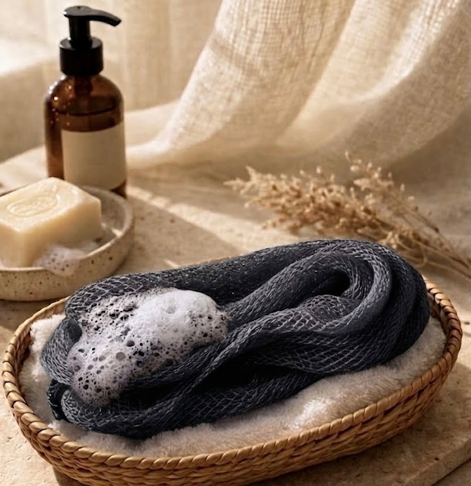 Authentic African net sponge for gentle exfoliation, handmade in Ghana