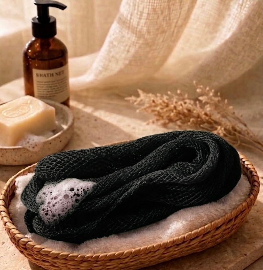Authentic African net sponge for gentle exfoliation, handmade in Ghana