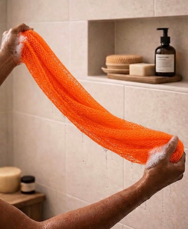 Authentic African net sponge for gentle exfoliation, handmade in Ghana