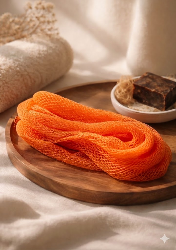 Authentic African net sponge for gentle exfoliation, handmade in Ghana