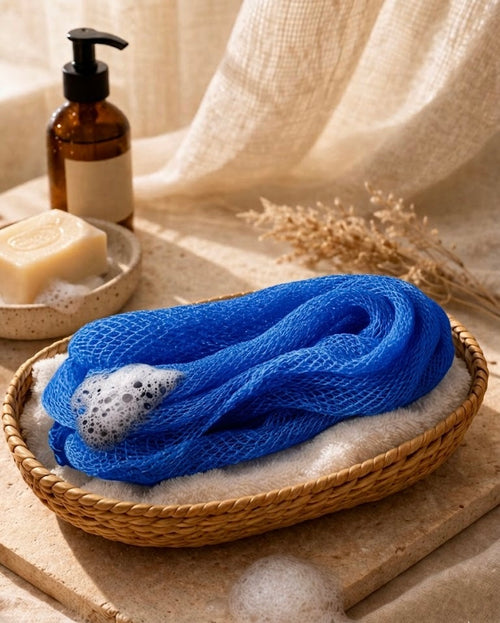 Authentic Blue African net sponge for gentle exfoliation, handmade in Ghana