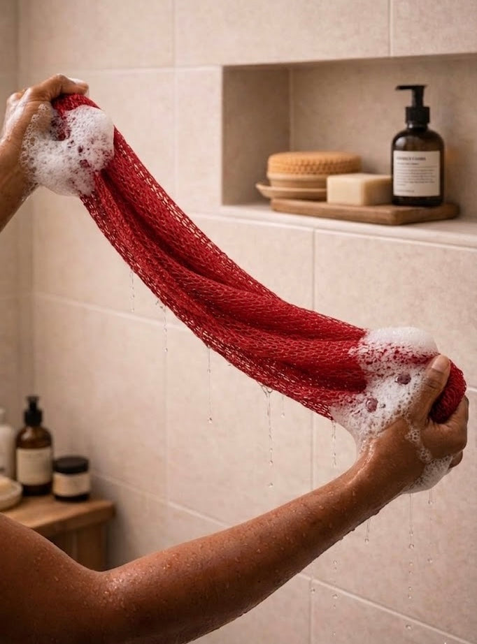 Authentic Red African net sponge for gentle exfoliation, handmade in Ghana