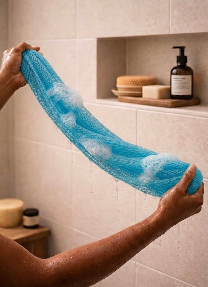 Authentic African net sponge for gentle exfoliation, handmade in Ghana