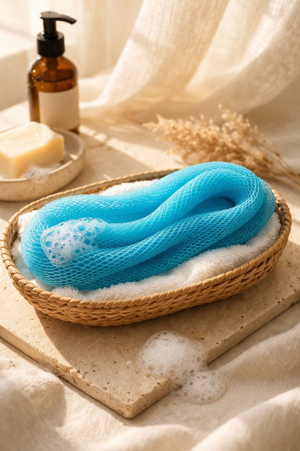 Authentic African net sponge for gentle exfoliation, handmade in Ghana