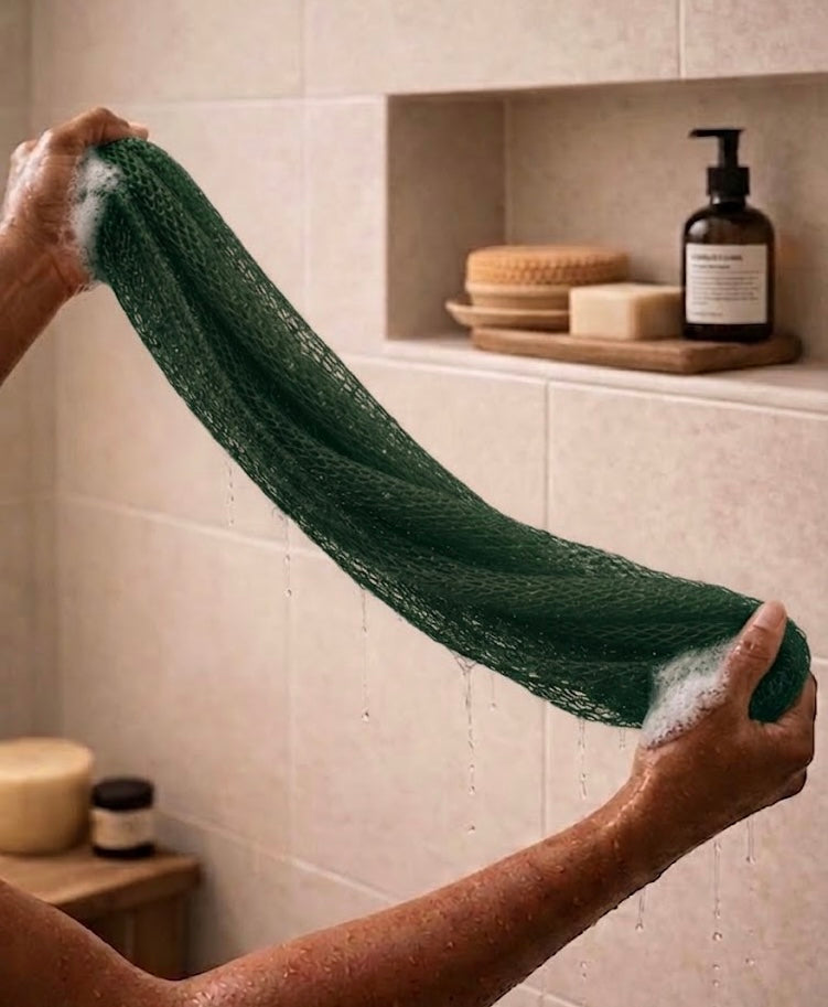 Authentic African net sponge for gentle exfoliation, handmade in Ghana