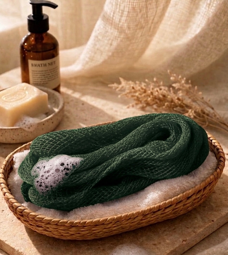 Authentic African net sponge for gentle exfoliation, handmade in Ghana