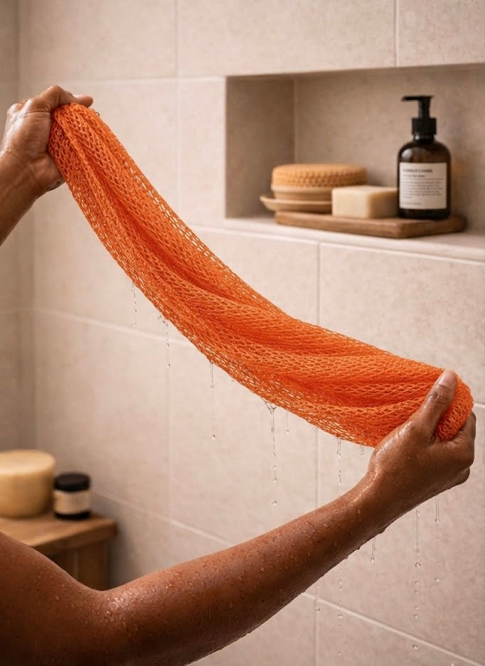 Authentic African net sponge for gentle exfoliation, handmade in Ghana